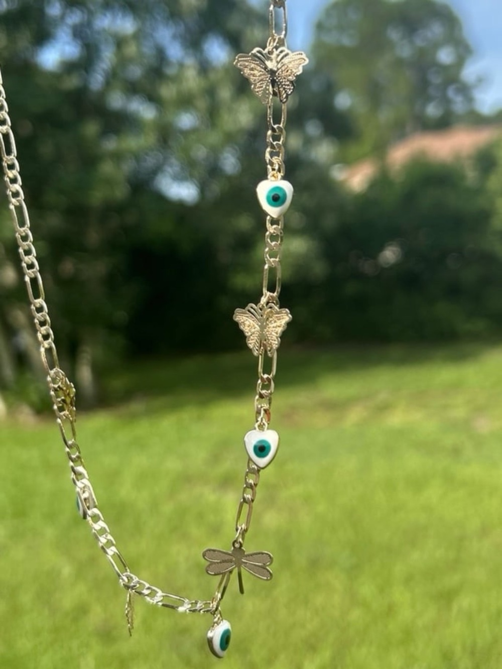 New necklace, dragonfly butterflies evil eyes
